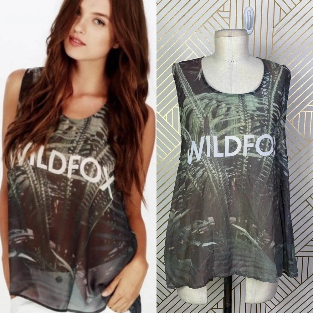 Wildfox Palm‎ Jungle Breezy Graphic Logo Tank Top Green Semi Sheer Size US Small